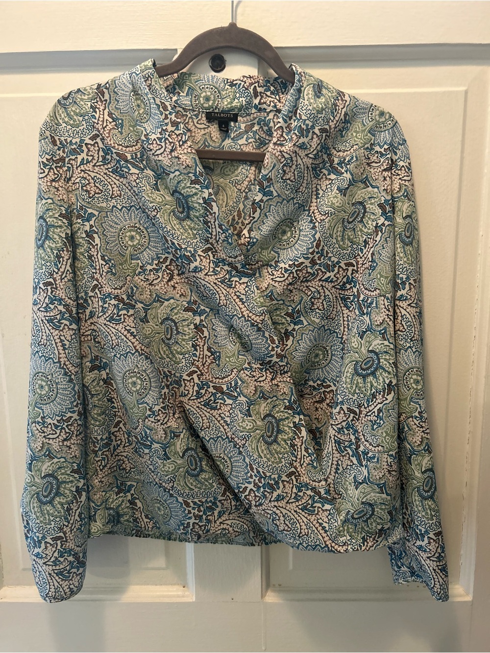 Talbots Green & Blue Paisley Wrap-Style Blouse. Size 4. Great for Office. VGUC